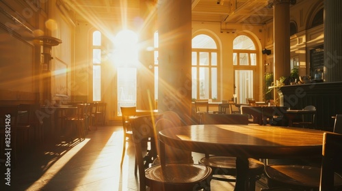 The sun shines through the cafe s columns photo