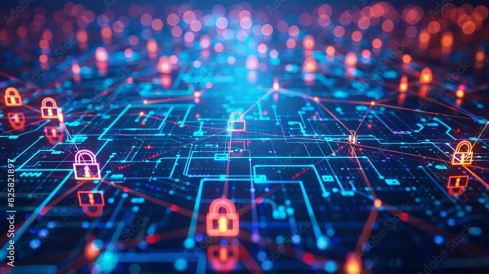 Futuristic digital background showcasing cybersecurity with glowing padlocks protecting complex online network connections and data flow. Futuristic digital background showcasing cybersecurity with glowing padlocks protecting complex online network connections and data flow.
