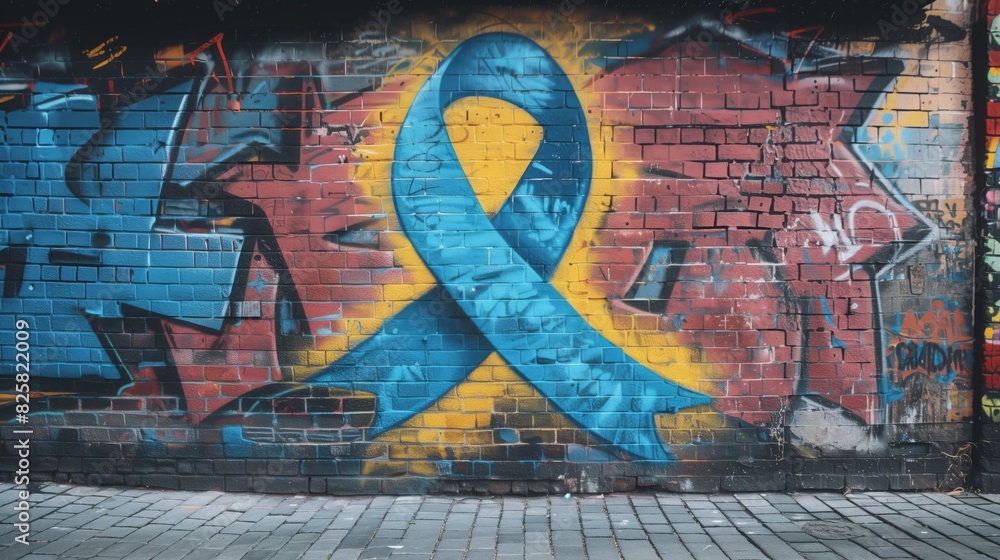 Obraz premium Blue ribbon painted graffiti on textured brick surface