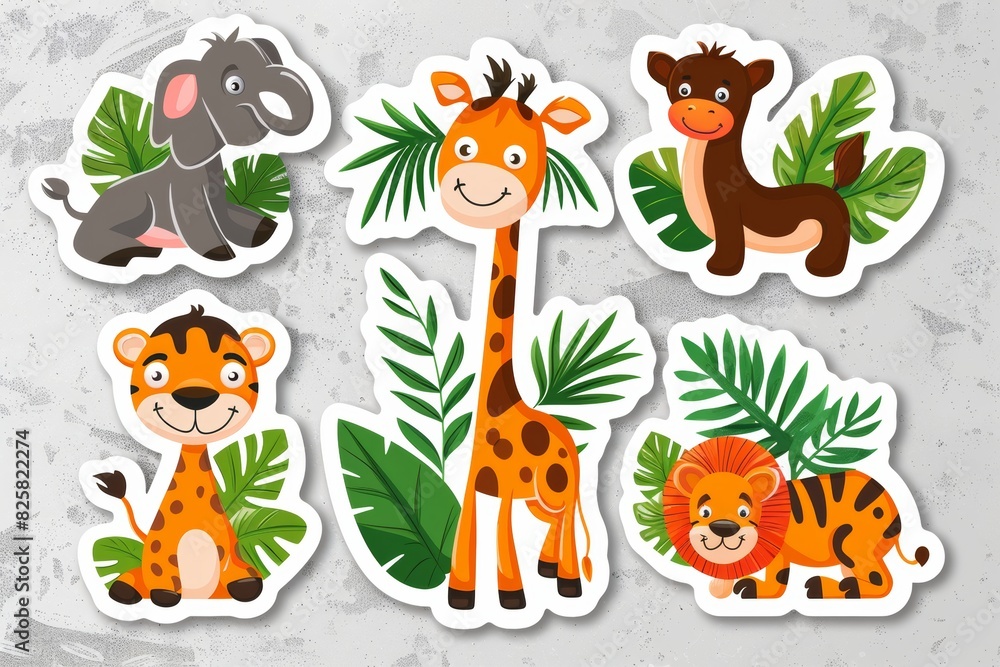 Obraz premium Colorful jungle animal stickers collection for kids