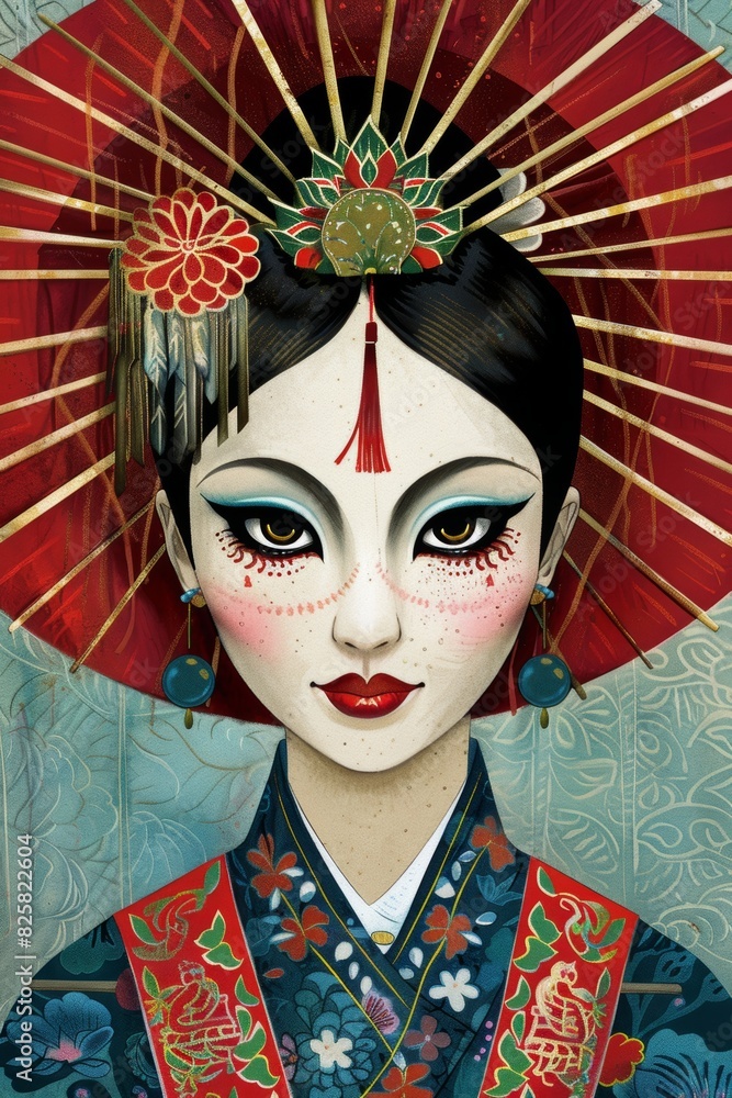 Enigmatic geisha with traditional makeup and attire Enigmatic geisha with traditional makeup and attire