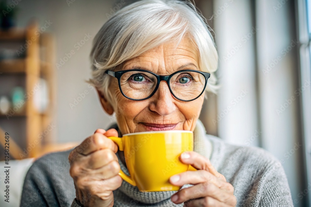 An elderly retired woman, a modern grandmother with glasses, drinks coffee from a mug in the interior of the living room, sitting in an armchair at home in natural light. An elderly retired woman, a modern grandmother with glasses, drinks coffee from a mug in the interior of the living room, sitting in an armchair at home in natural light.