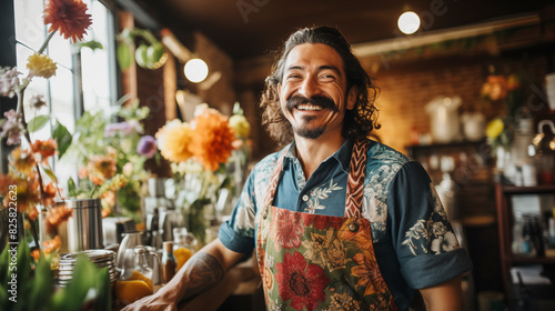 Latinx man with a handlebar mustache, wearing a coffee shop. photo