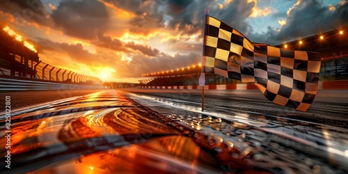 Triumphant Finish: Closeup of Checkered Flag Waving at Race End. Concept Race Photography, Checkered Flag, Triumphant Moment, Victory Celebration, Sports Closeup photo