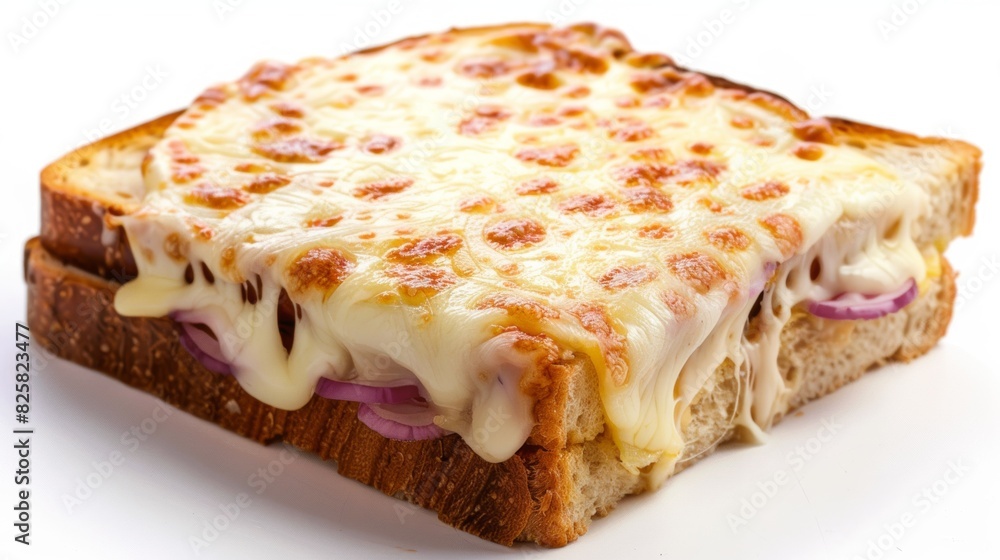 Cheesy melted sandwich with crispy crust on white background