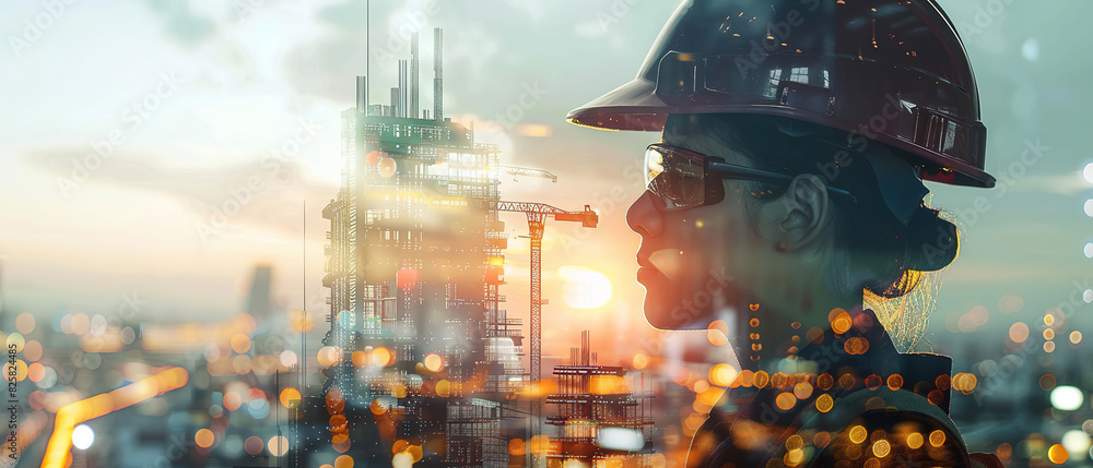 banner of a Close up, female Construction engineering concept, represented by a double exposure of building engineers, architects, or construction workers at work