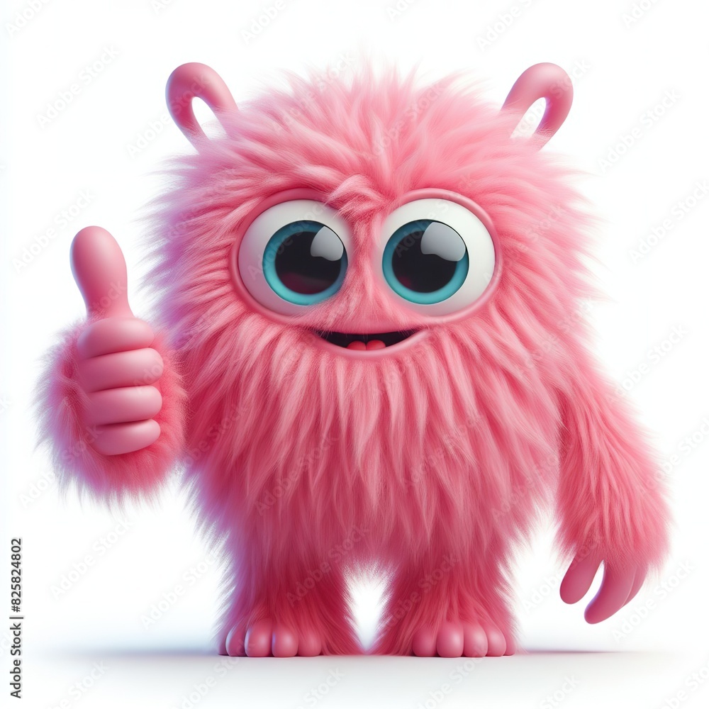 pink monster that is Very very soft and fuzzy. giving thumbs up, white background pink monster that is Very very soft and fuzzy. giving thumbs up, white background