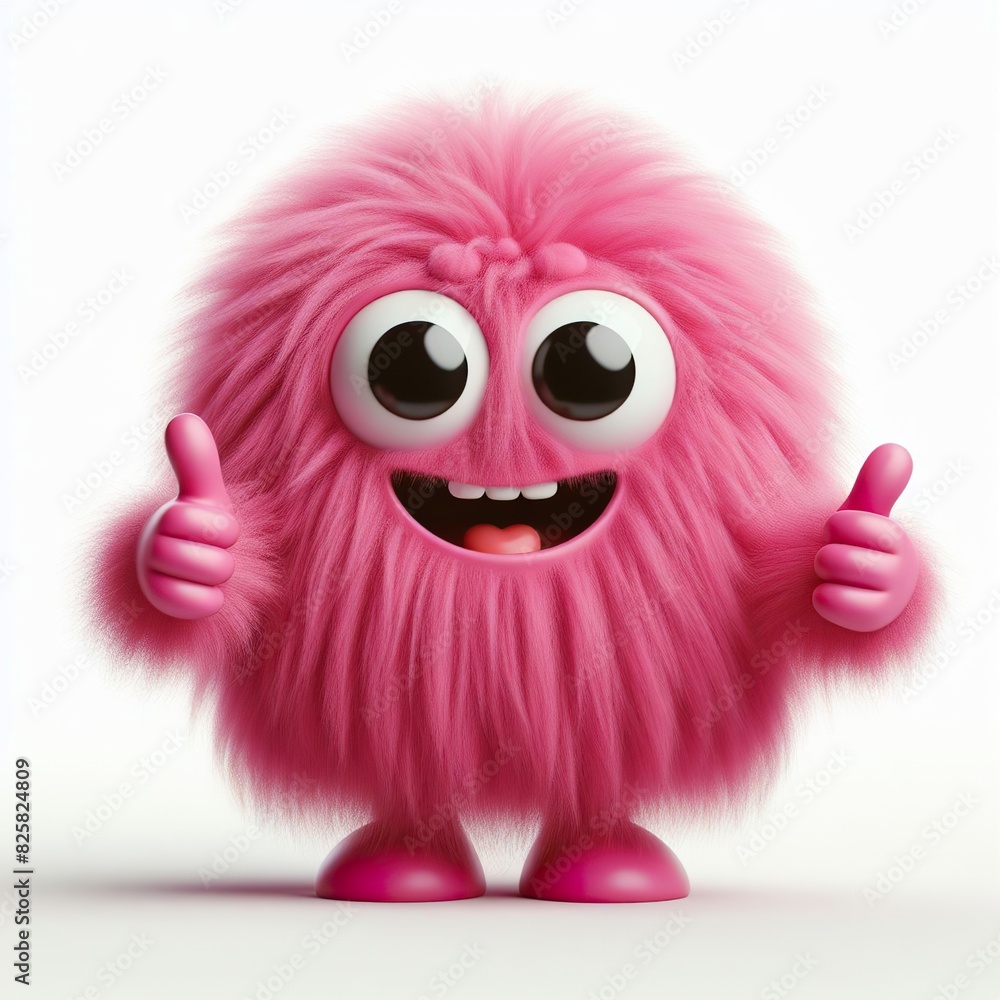 pink monster that is Very very soft and fuzzy. giving thumbs up, white background