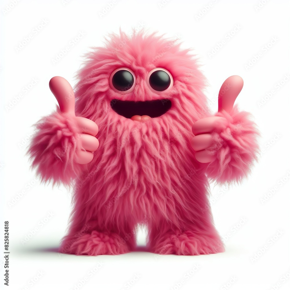 pink monster that is Very very soft and fuzzy. giving thumbs up, white background pink monster that is Very very soft and fuzzy. giving thumbs up, white background