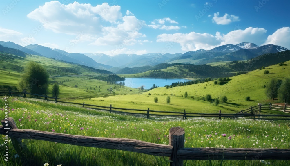 A stunning spring day landscaping views of fertile land surrounded beautiful green vegetation, wide stretches of hills and mountains with clear skies in spring