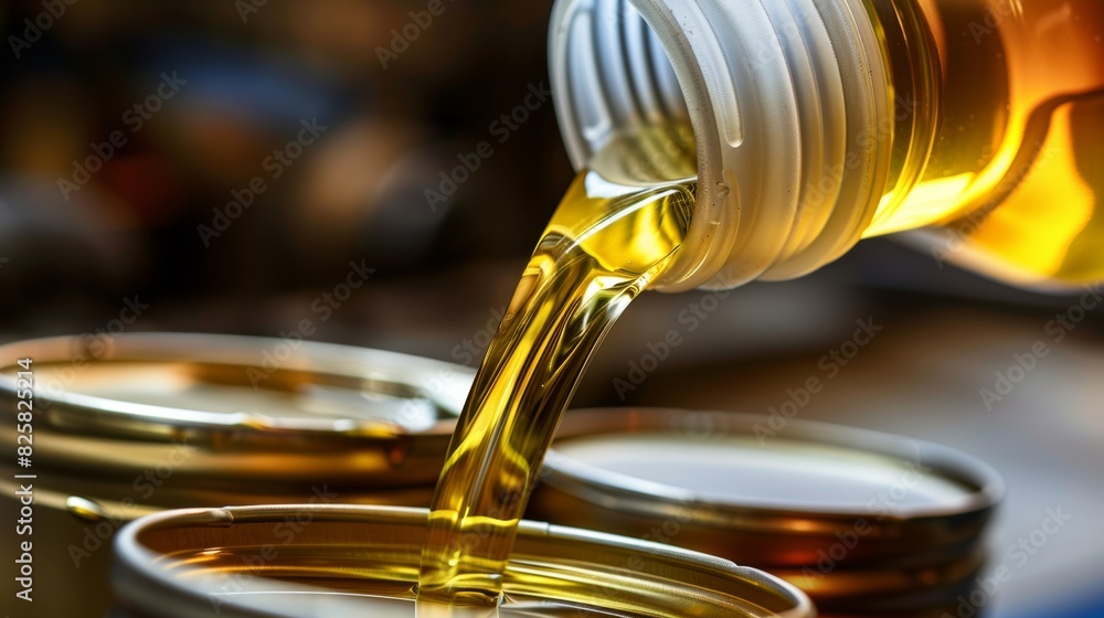 Golden oil pouring from bottle into jar with blurred background Golden oil pouring from bottle into jar with blurred background