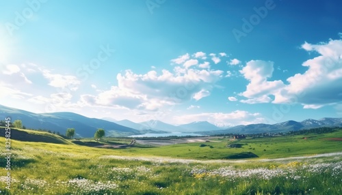 A stunning spring day landscaping views of fertile land surrounded beautiful green vegetation  wide stretches of hills and mountains with clear skies in spring