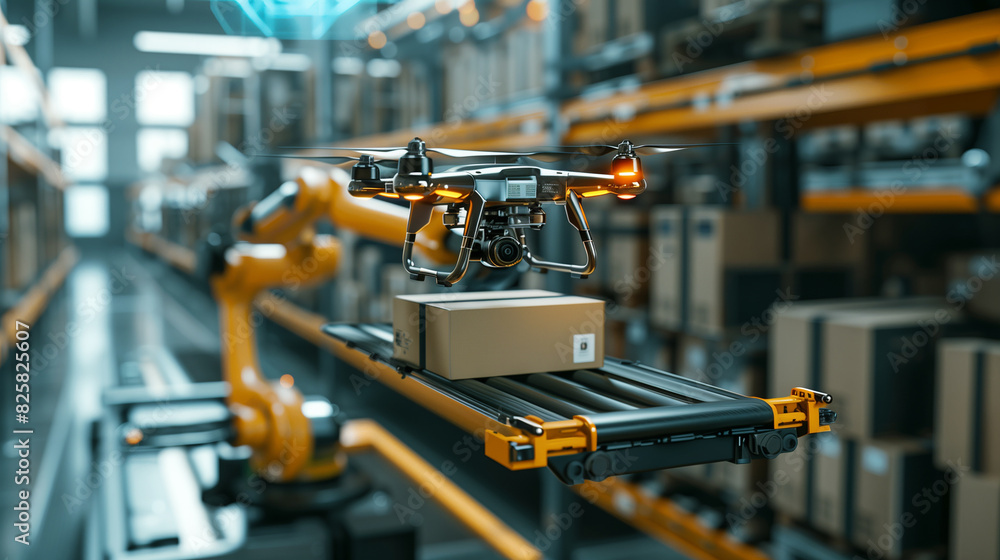 Robotic arm carefully loads a package onto a drone. Robotic arm carefully loads a package onto a drone.