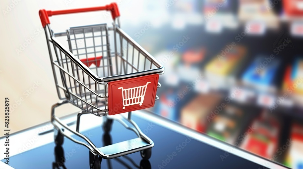 Shopping cart on glossy blue surface with supermarket aisle blur