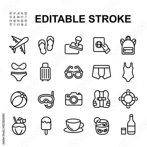 Set of travel and tourism icons. Contains icons such as airplane, travel, beach, passport, summer vacation. Line style vector illustration.