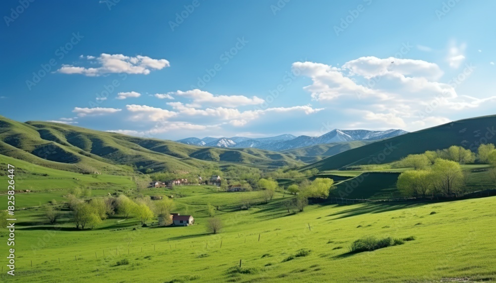 A stunning spring day landscaping views of fertile land surrounded beautiful green vegetation, wide stretches of hills and mountains with clear skies in spring