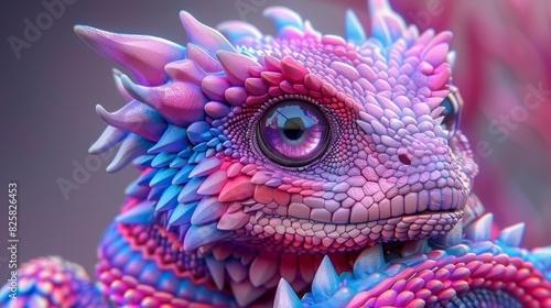  A tight shot of a pink-blue dragon with head spikes against a purple backdrop  framed by a gray background