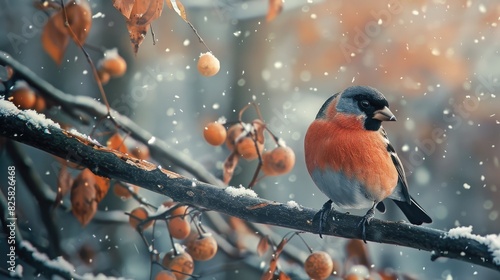 A Bullfinch perches on a tree limb during the cold season photo
