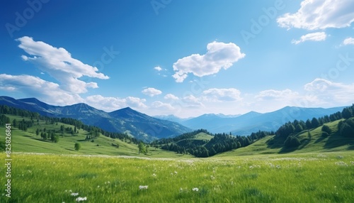 A stunning spring day landscaping views of fertile land surrounded beautiful green vegetation  wide stretches of hills and mountains with clear skies in spring