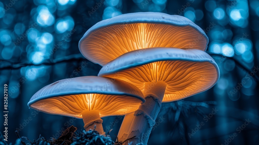 A few mushrooms atop a lush, green forest Bright yellow lights illuminate the scene in front of a forest teeming with blue berries A few mushrooms atop a lush, green forest Bright yellow lights illuminate the scene in front of a forest teeming with blue berries