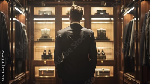 A man in a classic suit who has a good personality Standing in the fitting room of a classy men's suit shop