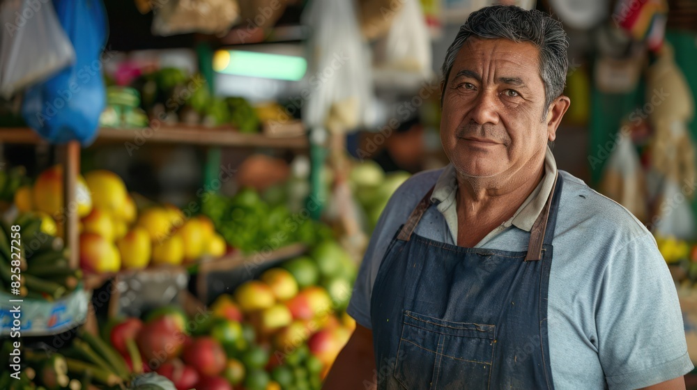 A middle-aged man wears an apron to sell vegetables. A middle-aged man wears an apron to sell vegetables.