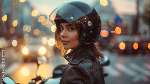 woman in motorcycle helmet on city street at night © Balaraw