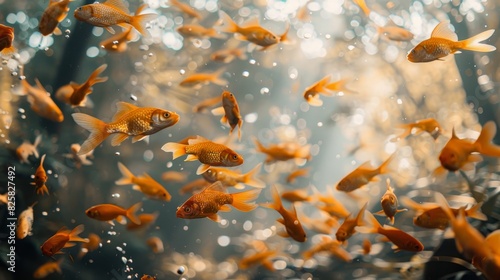  A group of goldfish swimming in a pond Bubbles rise from the pond's bottom Goldfish hover just above, beneath the surface