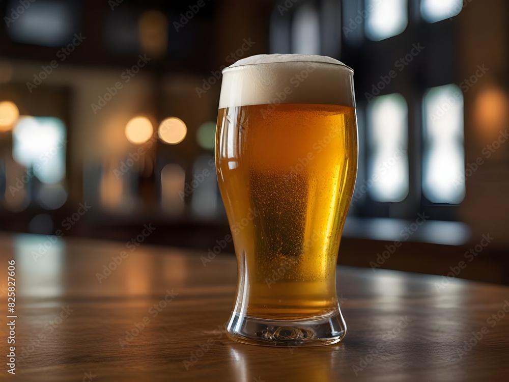 A full glass of beer sits on a bar counter A full glass of beer sits on a bar counter