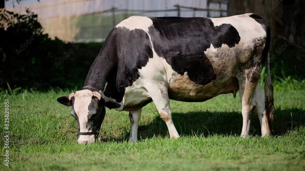Black and white cow grazing on the green grass of the fields Black and white cow grazing on the green grass of the fields