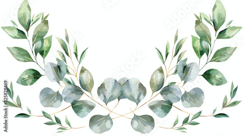 Gold wreath with eucalyptus watercolor leaves. Hand 