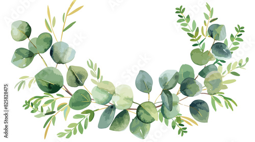 Gold wreath with eucalyptus watercolor leaves. Hand  photo