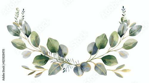 Gold wreath with eucalyptus watercolor leaves. Hand  photo