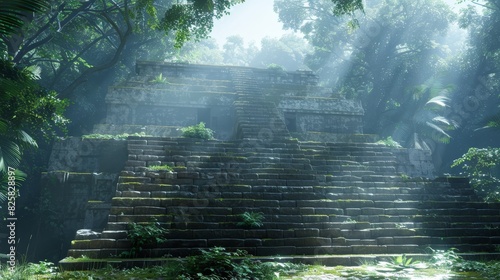  A set of stone steps in a forest  surrounded by trees  sunlit on the opposite side