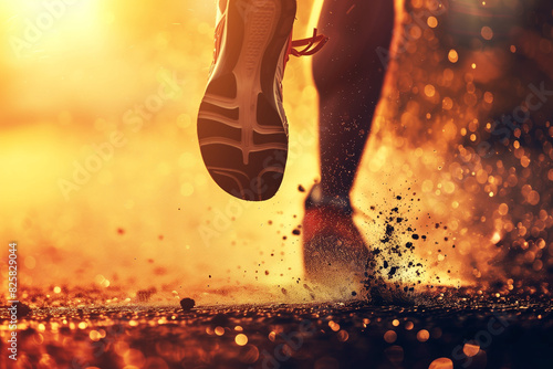 Close up on shoe, Runner athlete feet running on road under sunlight in the morning.