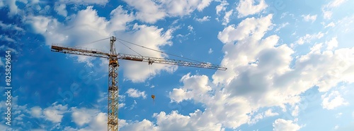 A large yellow tower crane is working on a construction site against a blue sky with white clouds.