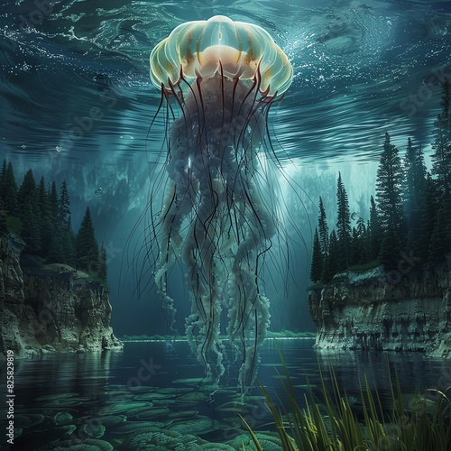 A surreal, wide-angle view of a tranquil underwater scene disrupted by a giant, glowing jellyfish floating ominously above photo