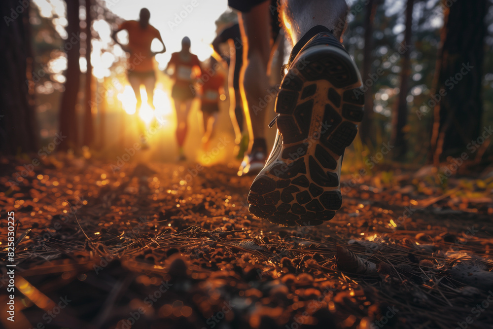 Closeup of running shoe of the person running in the nature with beautiful sunlight. Closeup of running shoe of the person running in the nature with beautiful sunlight.