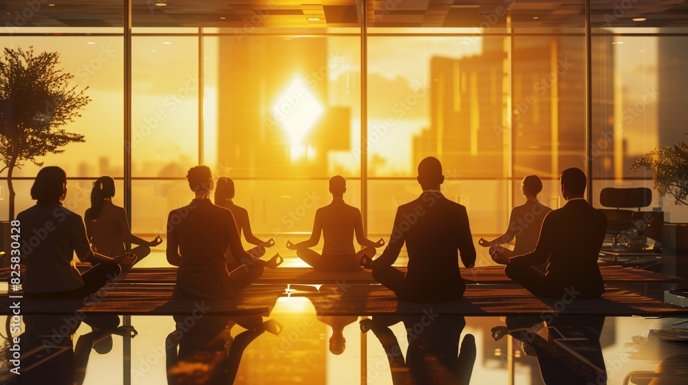 A serene yet powerful image of a group of businesspeople engaged in a mindfulness session amidst the hustle and bustle of the office, highlighting the importance of balance 