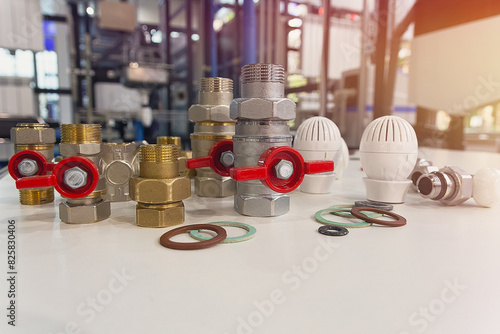 Valves, fittings, thermostats, rubber seals on the stand, plumbing production and repair