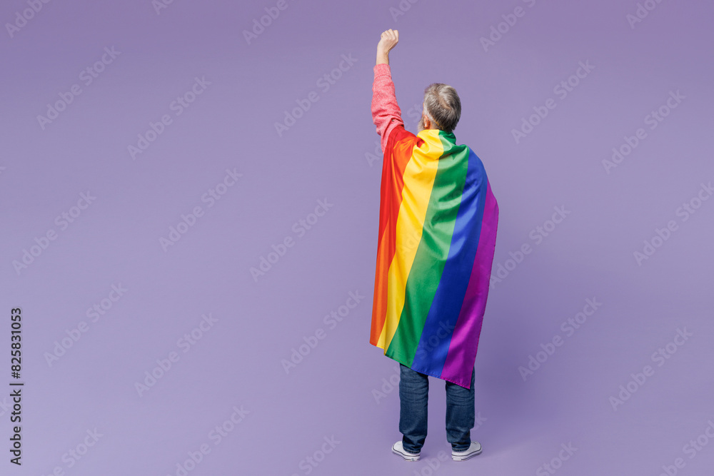 Fototapeta premium Full body back view elderly gay man 50s years old wears casual clothes wrapped in striped rainbow flag raise up hand clench fist isolated on plain purple background. Lifestyle LGBT June pride concept.