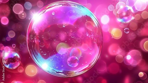  A close-up of a soap bubble against a pink and purple background, filled with numerous bubbles in its midst