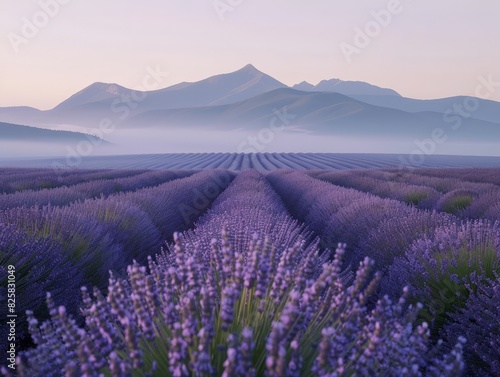 Lavender fields at sunset with mountain backdrop