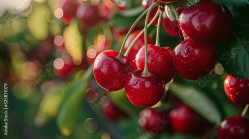Ripe red cherries hanging on tree branch