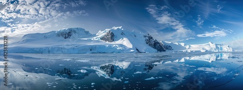 A stunning panoramic view of an icy landscape with magnificent glaciers, snowy mountains, and reflections in the cold, calm water.