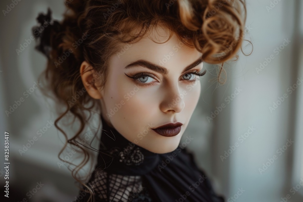 Captivating portrait of a woman with striking makeup and curled hair Captivating portrait of a woman with striking makeup and curled hair