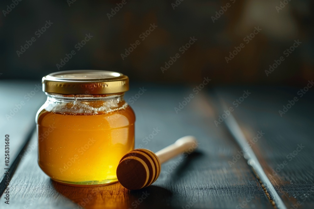 Honey jar with wooden dipper on wooden table