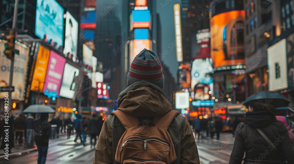 Obraz premium A tourist sightseeing in a bustling city