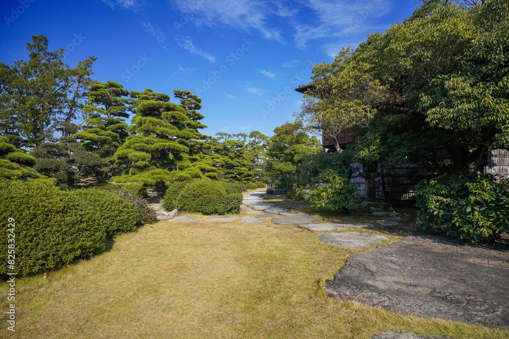 青空バックに見る飛び石と日本庭園のコラボ情景