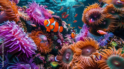 Tropical fish darting through sea anemones and coral formations  bright and contrasting colors  serene and enchanting underwater world  highresolution ocean photography  Close up